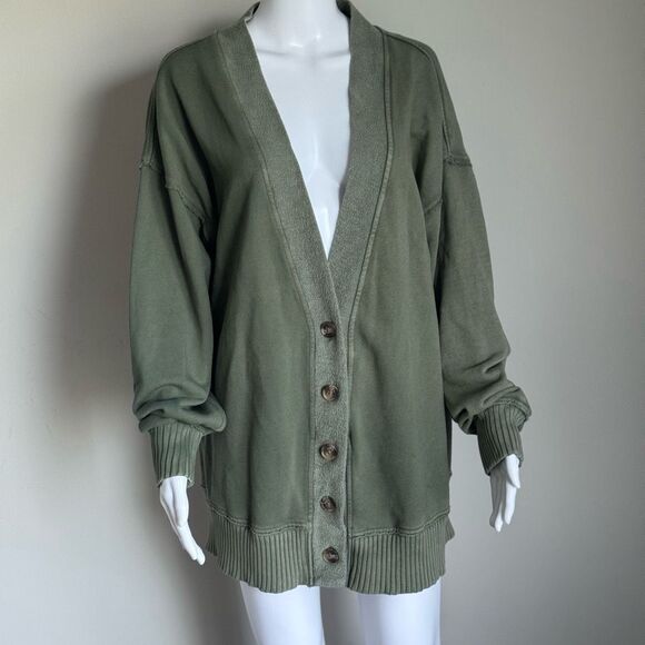 Aerie  Long Sweatshirt Cardigan Size L Olive Green - Picture 1 of 6